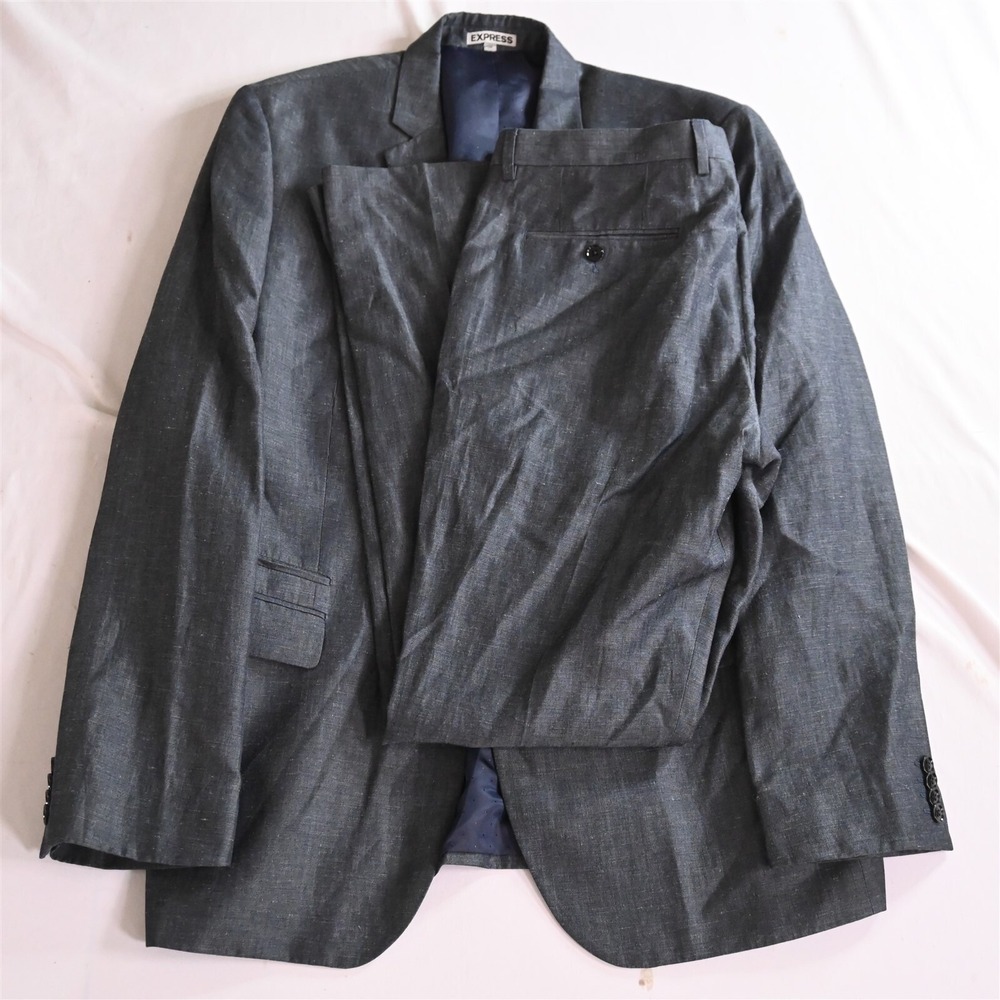 Express‎ 44L 34x34 Blue Linen Photographer Fitted Mens Coat Jacket Pants Suit